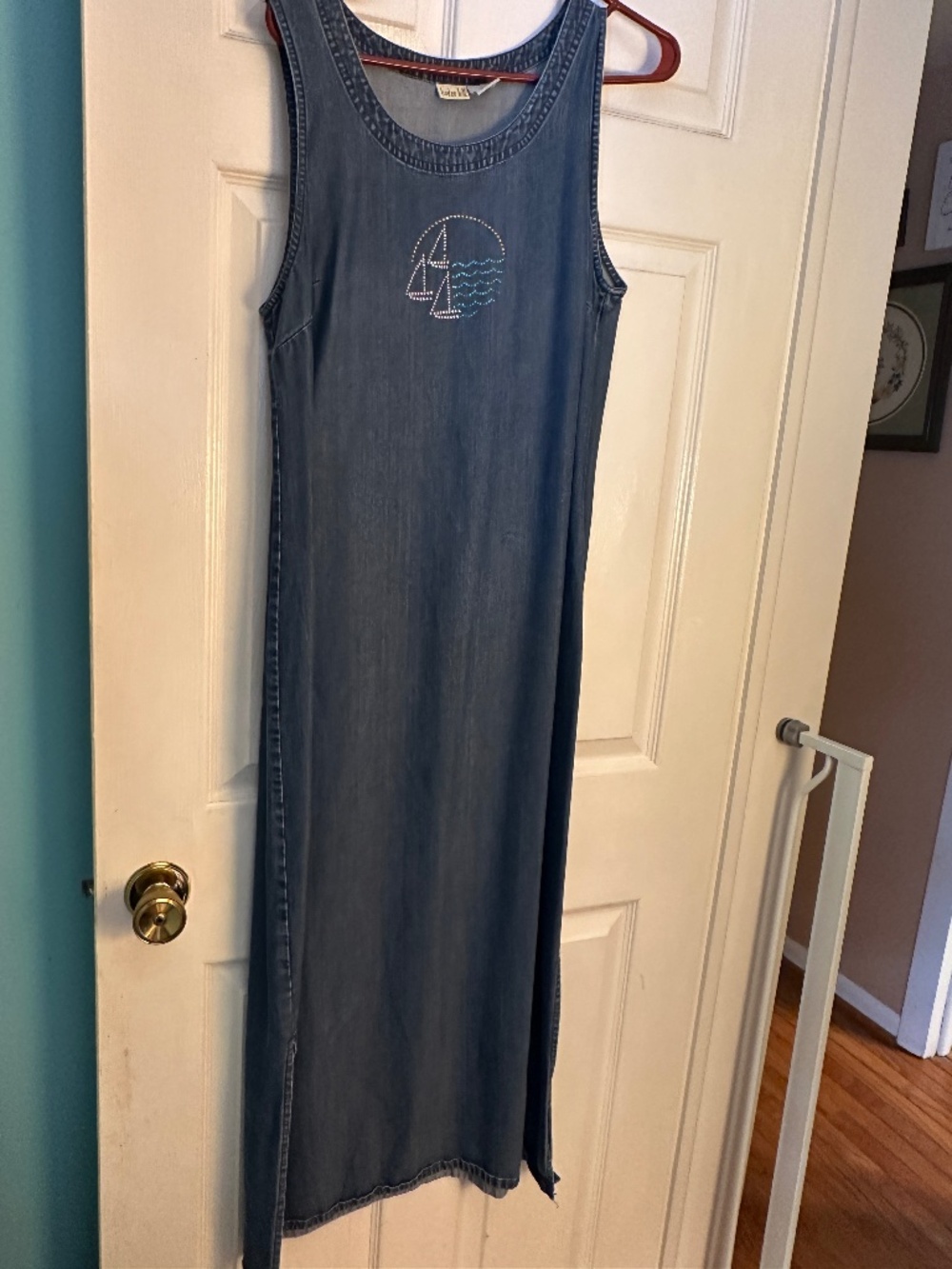 Linden Hill Long Jumper W/Denim Look Nautical W/Sailboat Bling Size Large READ